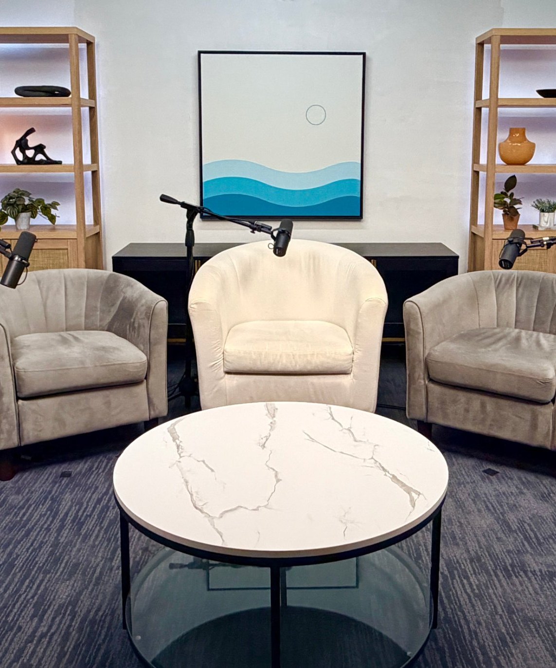 Set A, grey chairs with backlit shelving